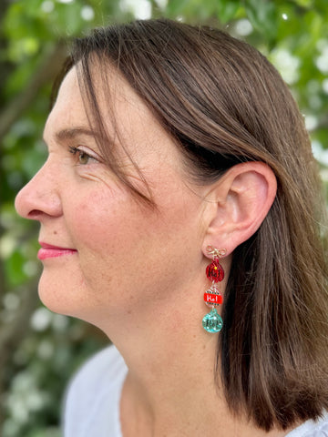 Bauble & Bow  Dangles Christmas Earring in Red & Mint