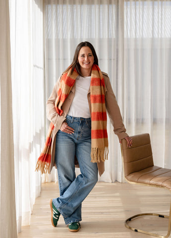 Striped Winter Scarf in Tan & Red