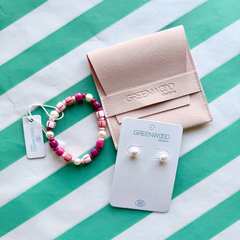 $25 Colourful Enamel Freshwater Pearl Bracelet and Earrings - Pink Combo