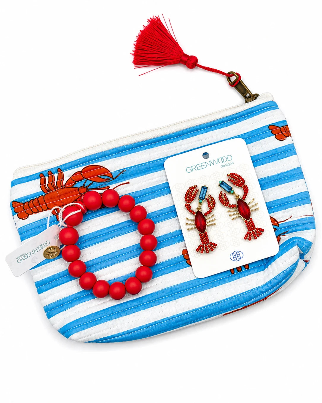 Blue, white and red lobster travel pouch gift set with earrings and bracelet – birthday or thank you gift by Greenwood Designs
