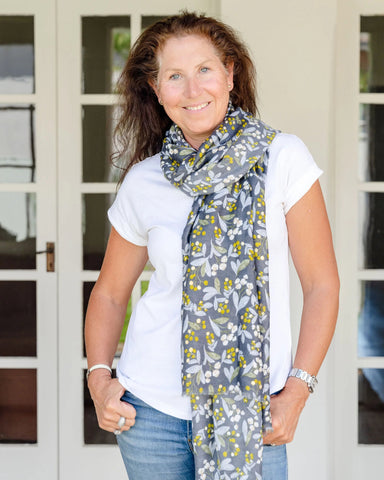 delicate floral scarf, grey scarf, autumn scarf, winter scarf, cottage core scarf, feminine scarf, gold accents