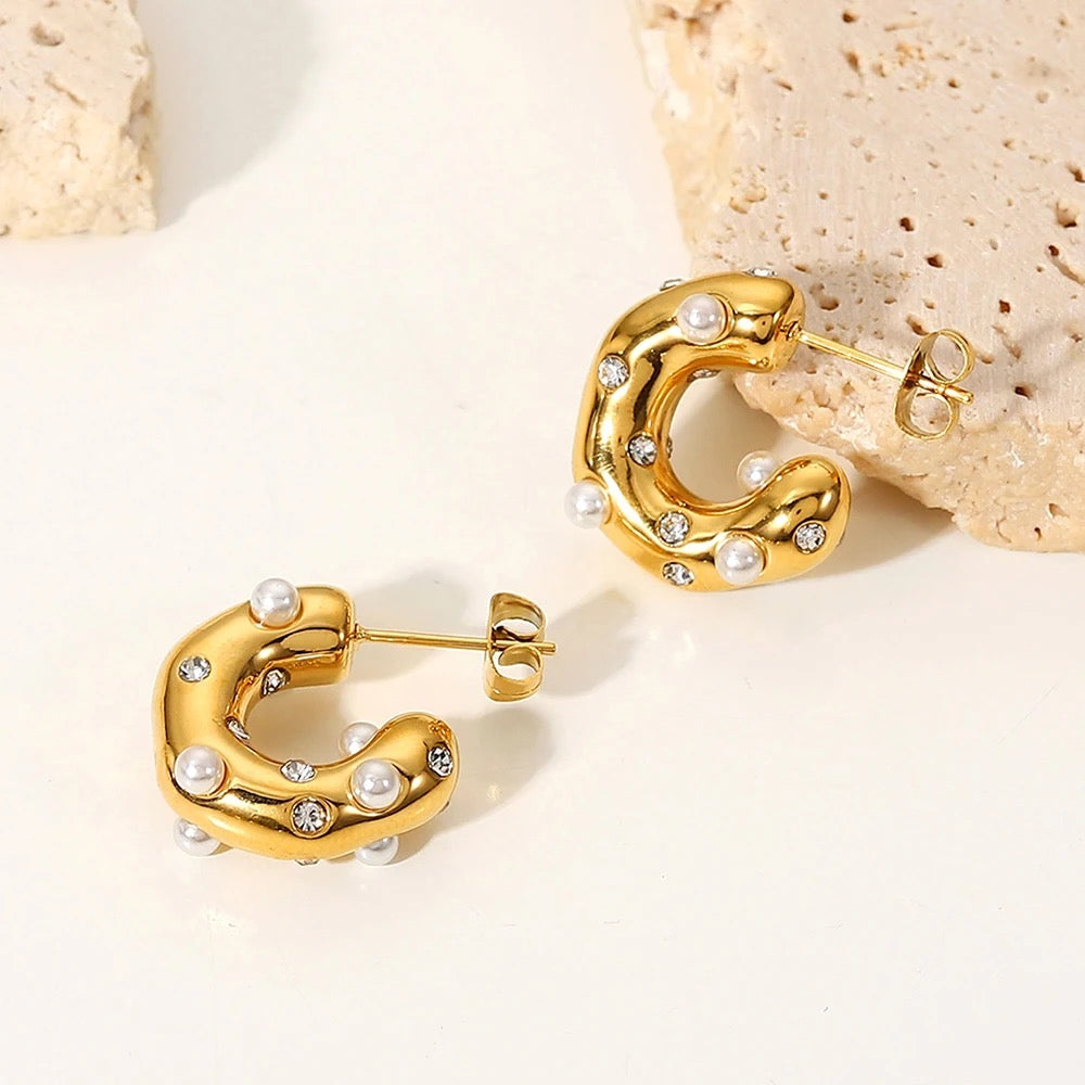 Ella Gold Hoops with Mini Faux Pearls and Crystals