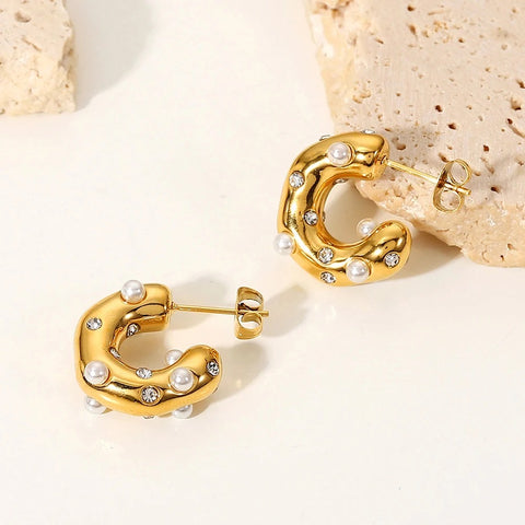 Ella Gold Hoops with Mini Faux Pearls and Crystals