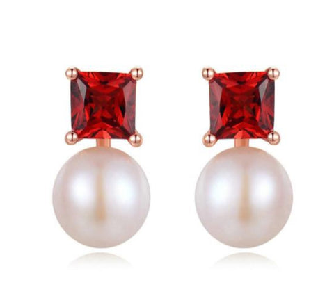 Paris Red Crystal and Faux Pearl Stud Earring