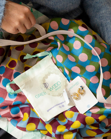 Polka dot fabric with a white card and gold earrings on top