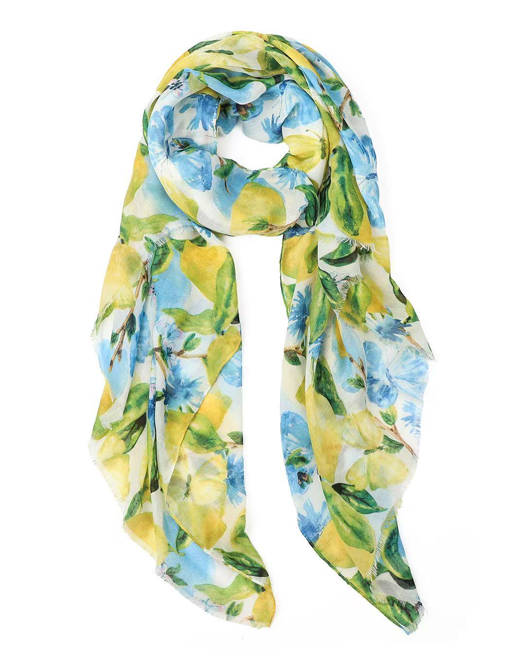 Yellow, green, and blue watercolour lemon and blossom print lightweight scarf