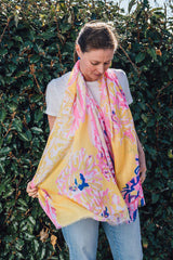 Elevate your style this season with our coral inspired abstract lightweight scarf. Perfect to wear all year round and with a white tee or shirt! It boasts stunning yellow, blues and pinks hues. Don't miss this season's must-have accessory!