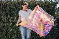 Elevate your style this season with our coral inspired abstract lightweight scarf. Perfect to wear all year round and with a white tee or shirt! It boasts stunning yellow, blues and pinks hues. Don't miss this season's must-have accessory!