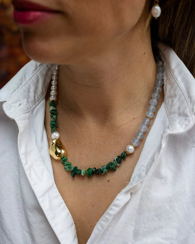Pearl and Green/Blue Natural Stone Necklace featuring freshwater pearls and natural stone beads
