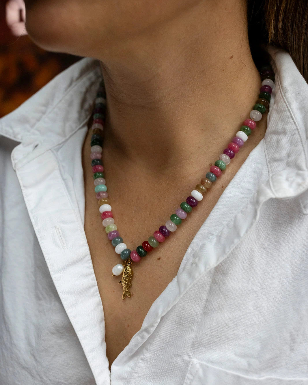 Fish & Pearl Necklace in Pastels featuring a fish charm and pastel pearl beads
