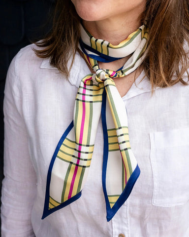 Satin neck scarf and bag tie in multicolour check print styled around the neck