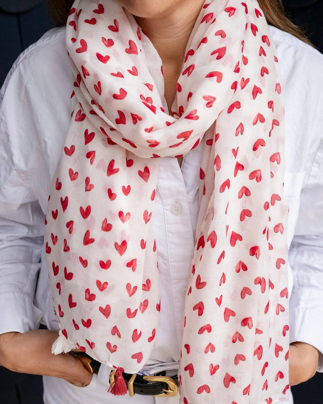 Red heart print lightweight scarf on off-white with tassels