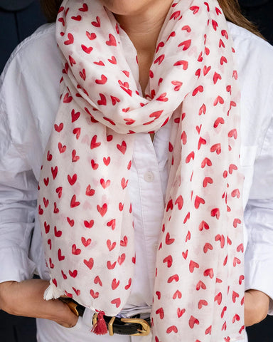 Red heart print lightweight scarf on off-white with tassels