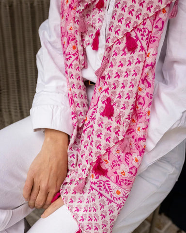 Rosa pink and magenta hand-blocked floral lightweight scarf with tassels