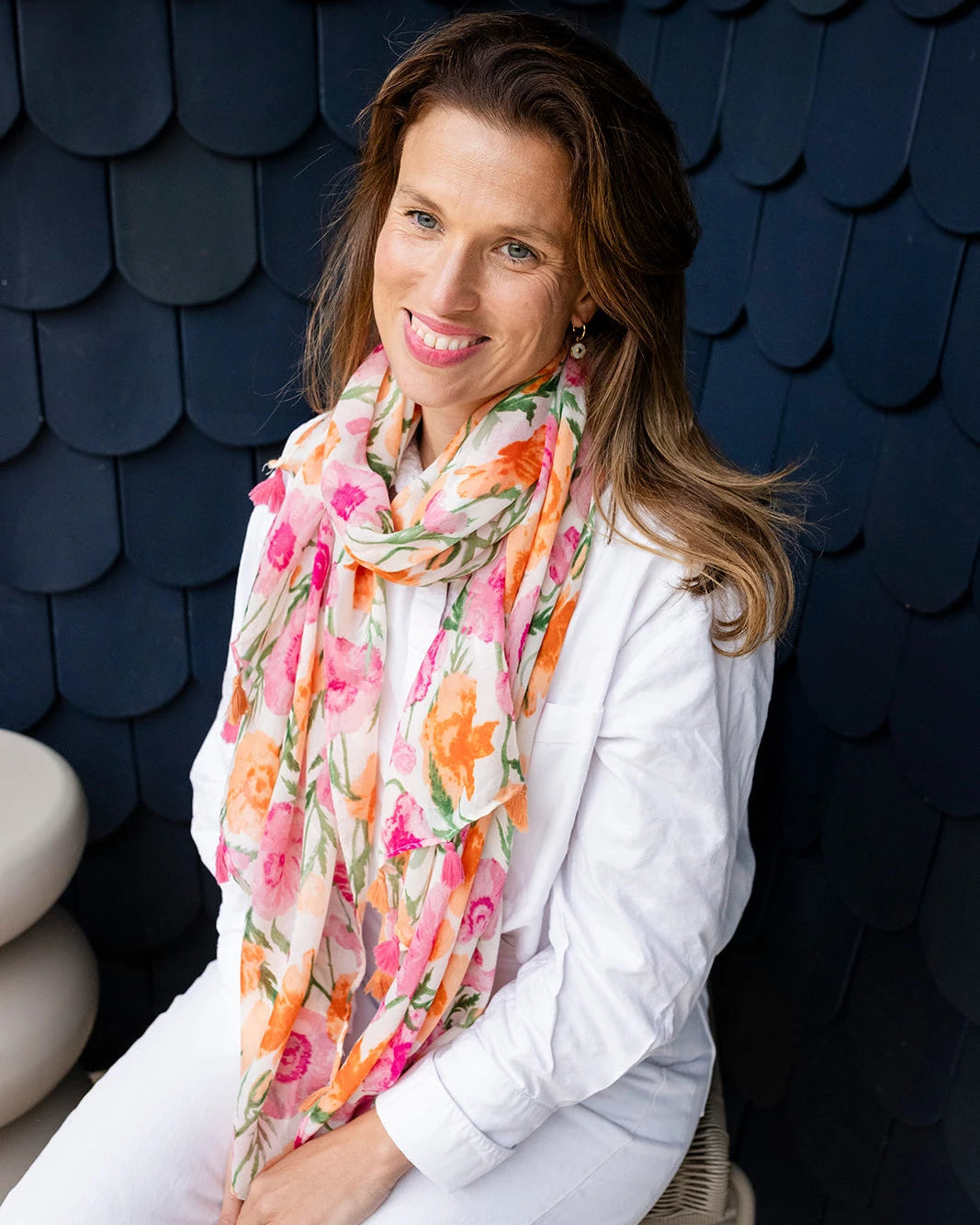 Coral pink and orange watercolour floral lightweight scarf with tassels