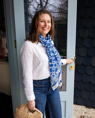 Blue and white damask print lightweight scarf with Greek key border and navy tassels