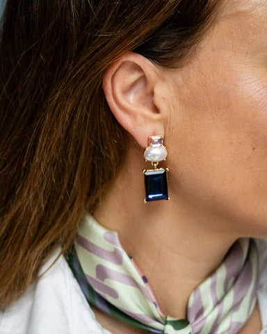 Matilda Geometric Crystal and Faux Pearl Earrings in Pink and Navy