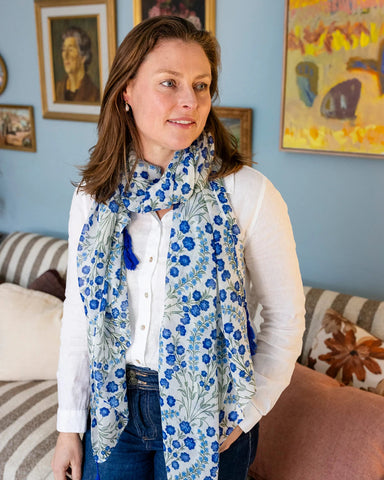 Blue floral field print lightweight scarf with sage green leaves and tassels