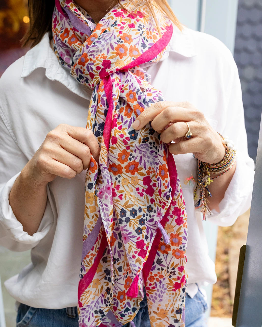Katie multicolour floral lightweight scarf with pink and lavender tassels