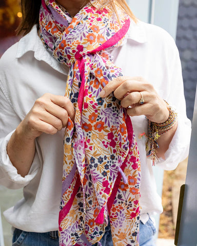 Katie multicolour floral lightweight scarf with pink and lavender tassels