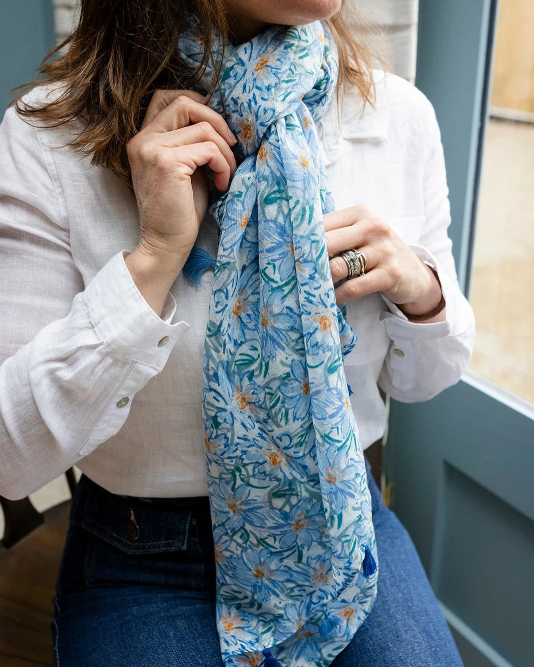 Blue, teal, and peach watercolour floral lightweight scarf with tassels