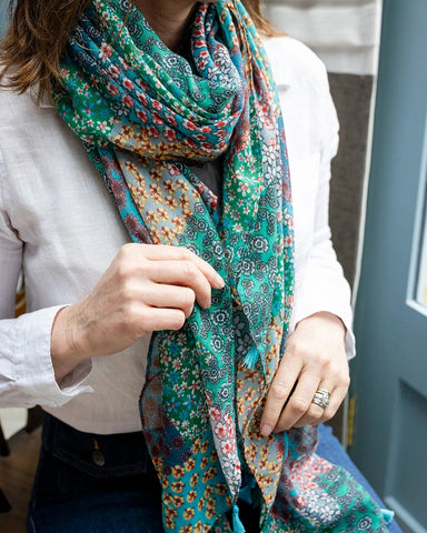 Turquoise, green, red, and mustard bohemian patchwork lightweight scarf with teal tassels