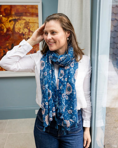 Zinnia Blue & Pink Floral Lightweight Scarf