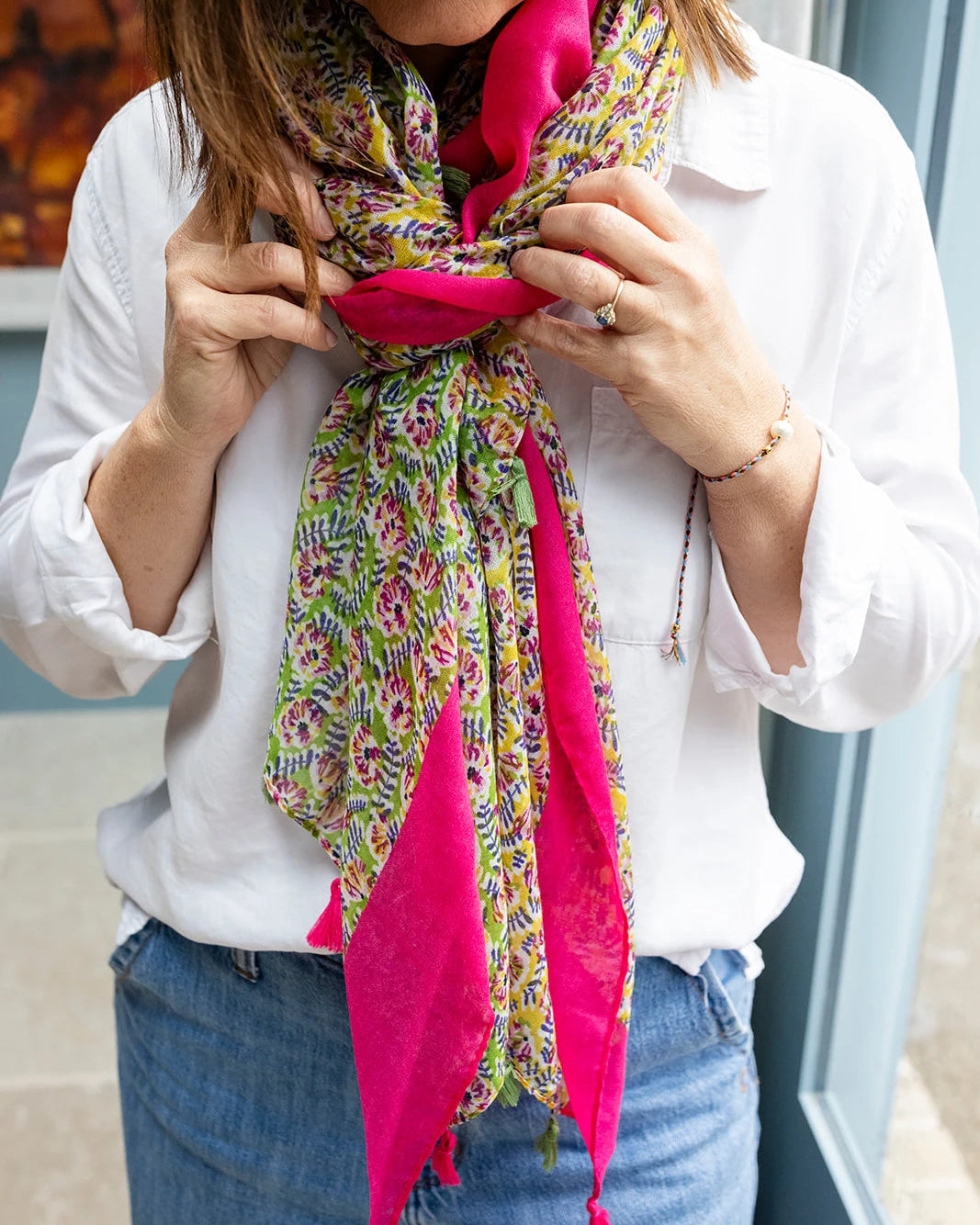 Ivy green and pink floral lightweight scarf with hot pink tasselled edge