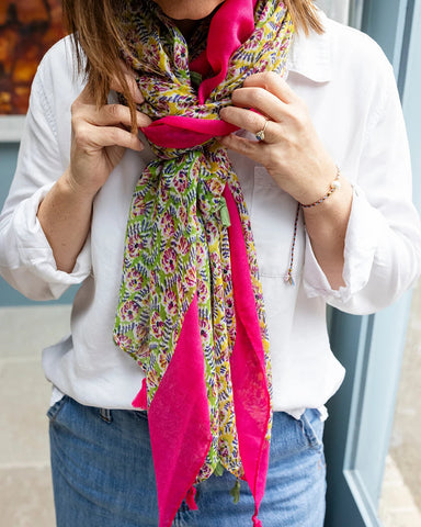 Ivy green and pink floral lightweight scarf with hot pink tasselled edge