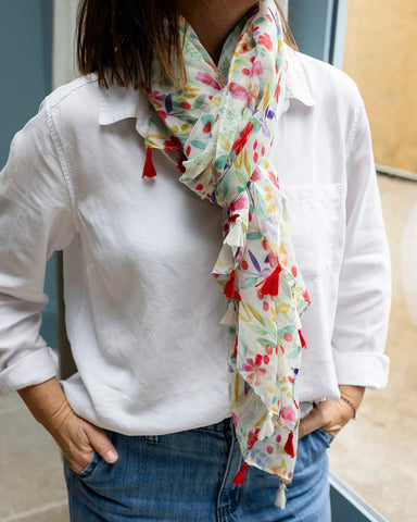 Millie pastel multicolour floral lightweight scarf with red and white tassels