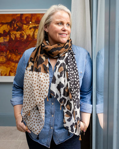 Tan, brown, and black leopard and polka dot print lightweight scarf with tassels