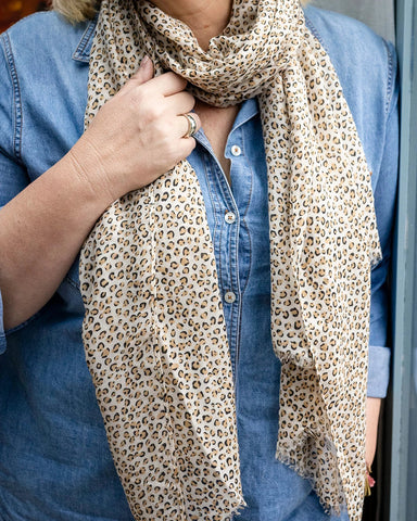 Tan and black classic mini leopard print lightweight scarf with frayed edges