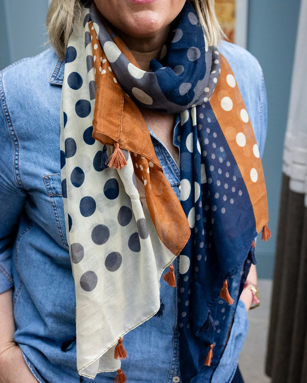 Cream, navy, rust, and grey colourblock polka dot lightweight scarf with tassels