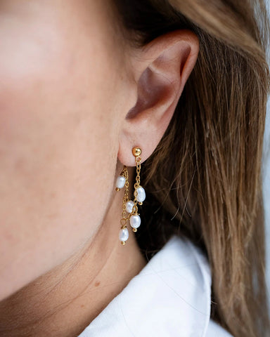 Sally Freshwater Pearl Chain Gold Hoop Earrings