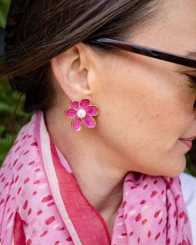 Bronte Dark Pink Enamel Flower Stud Earring