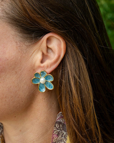 Bronte Teal Enamel Flower Stud Earring