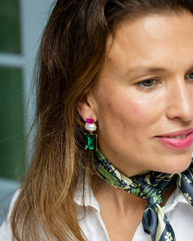Matilda Geometric Crystal and Faux Pearl Earrings in Fuchsia and Emerald