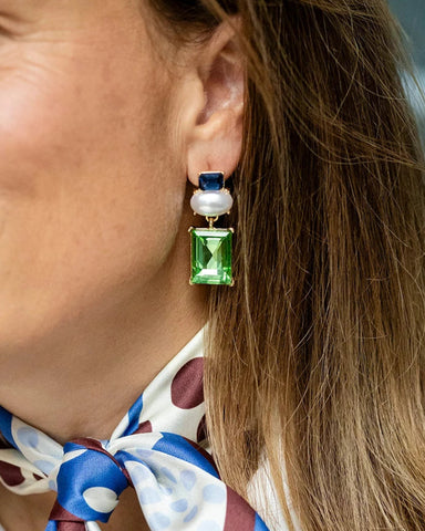 Matilda Geometric Crystal and Faux Pearl Earrings in Navy and Green