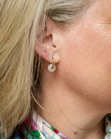 Remi Rose Quartz Stone Circle Hoop Earring - gold hoop earrings with a natural rose quartz stone circle charm