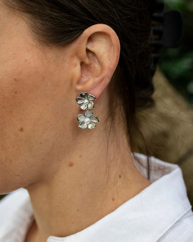Layla Double Silver Flower Dangle Stud Earring
