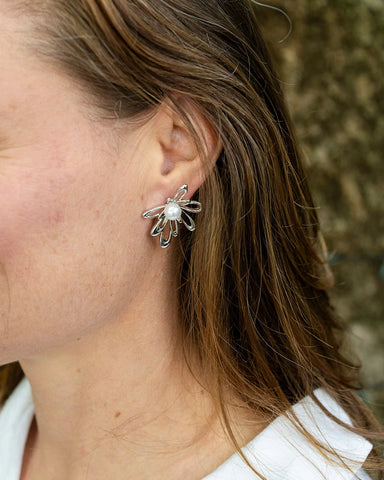 Jenny Silver Flower Stud Earring with Pearl Centre