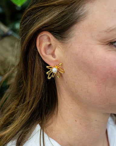 Jenny Gold Flower Stud Earring with Pearl Centre