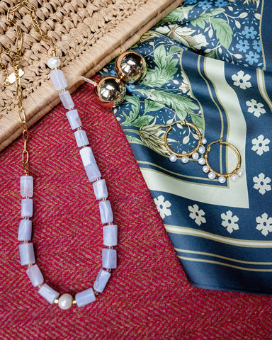 Mykonos Pearl and Blue Natural Stone Necklace
