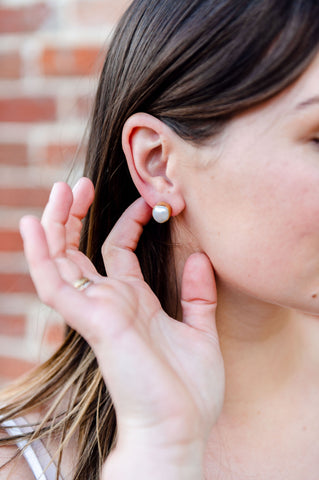 Bezel set gold freshwater pearl stud