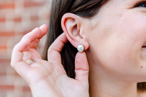 Bezel set gold freshwater pearl stud