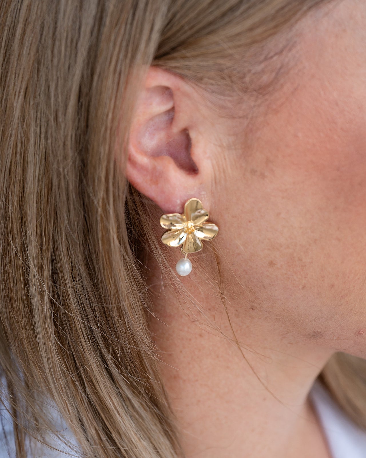 Gold Flower Freshwater Pearl Earrings