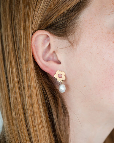 Charlotte Gold Flower Shaped Stud Earring with Faux Pearl Dangle