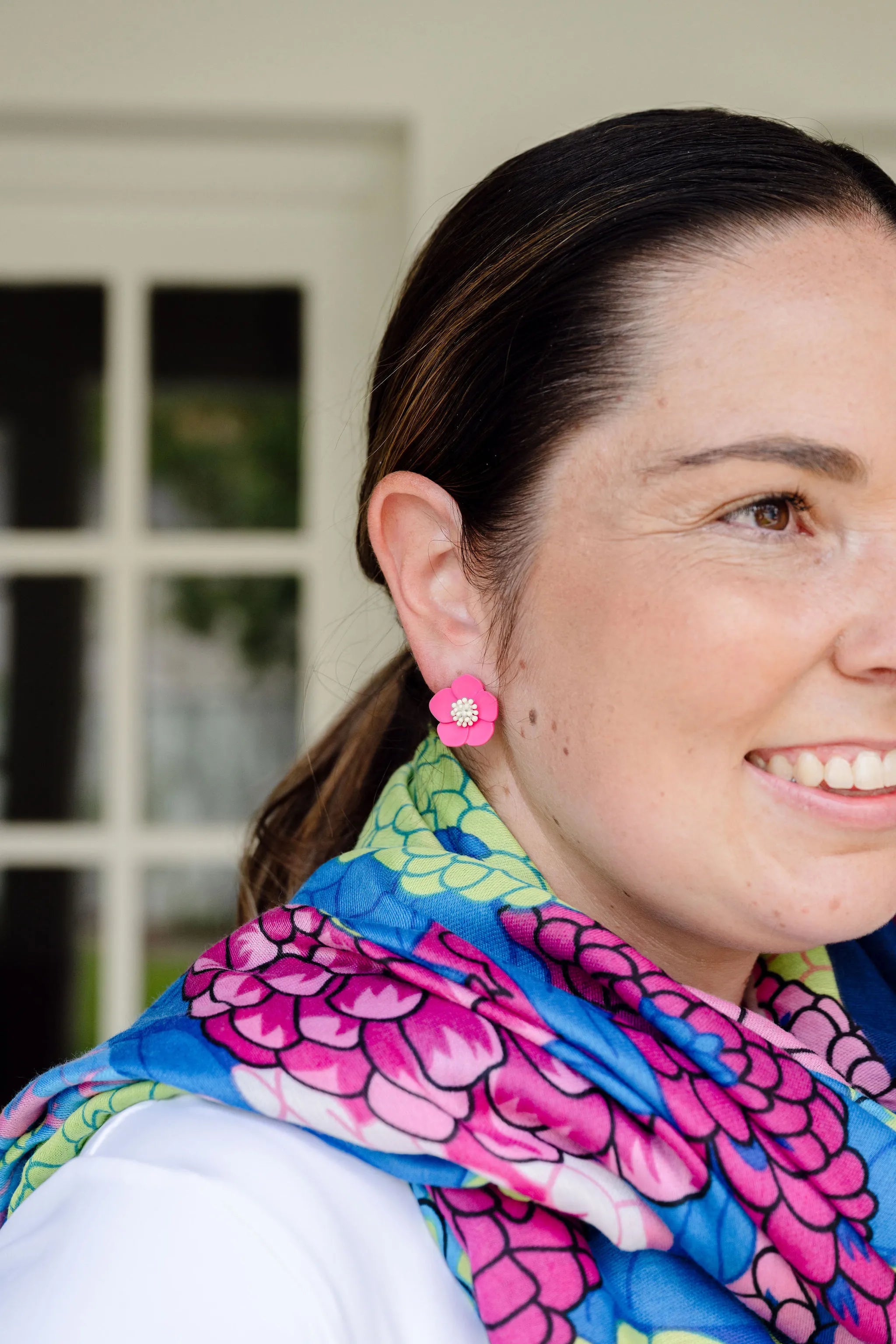 hot pink and white earring, flower earring, stud earring, bright earring, fun earring