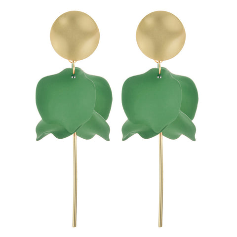 Olivia Matte Gold and Green Flower Petal Dangle Earrings with Gold Post Dangle