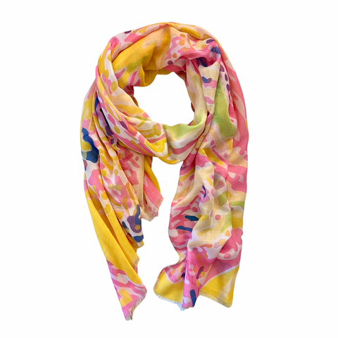 Elevate your style this season with our coral inspired abstract lightweight scarf. Perfect to wear all year round and with a white tee or shirt! It boasts stunning yellow, blues and pinks hues. Don't miss this season's must-have accessory!